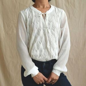 Banana Republic | Women’s Embroidered Sheer Tie-Front Long Sleeve White Blouse